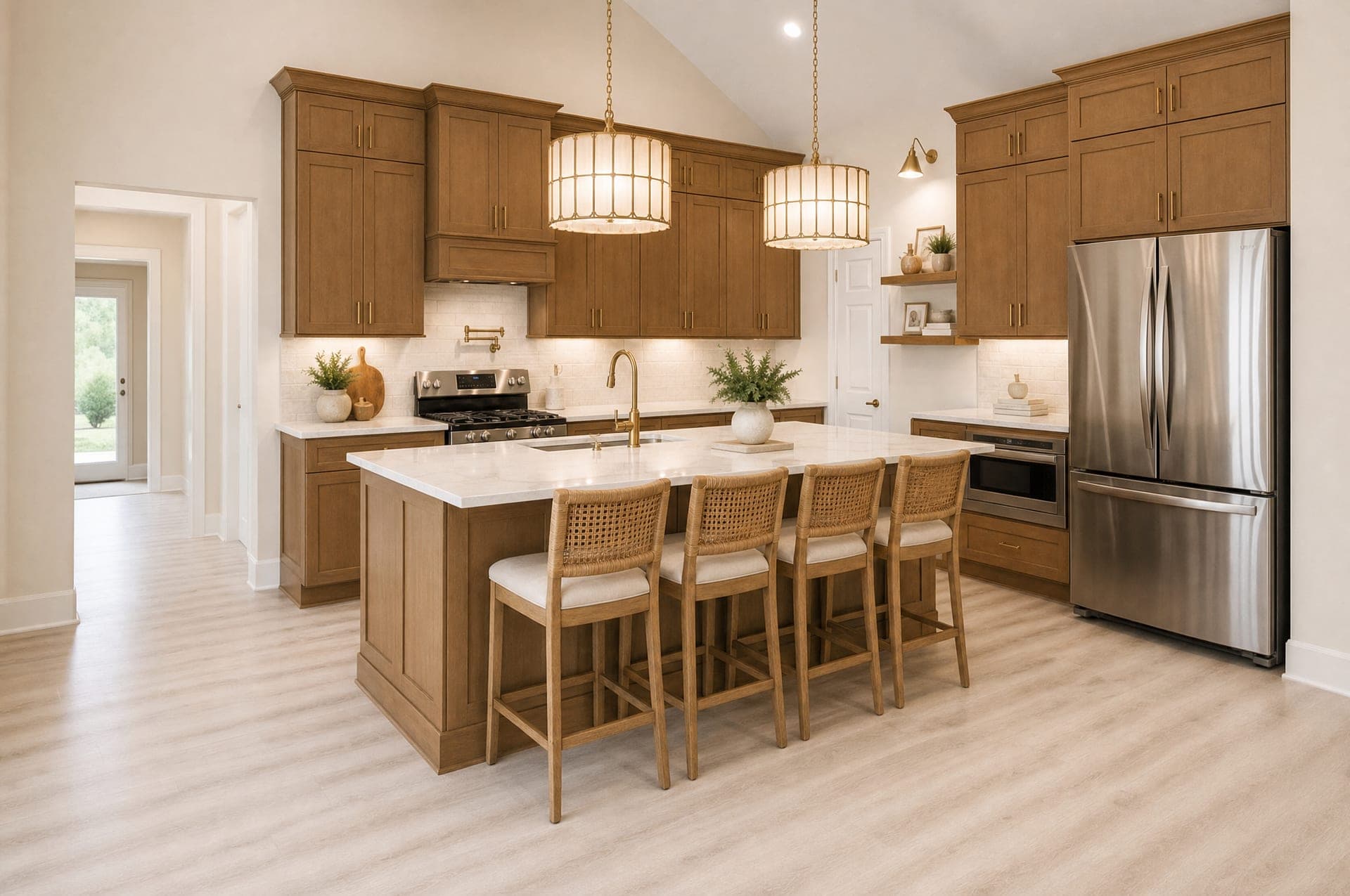 Rendering of the Cambridge kitchen with island seating, artist's concept