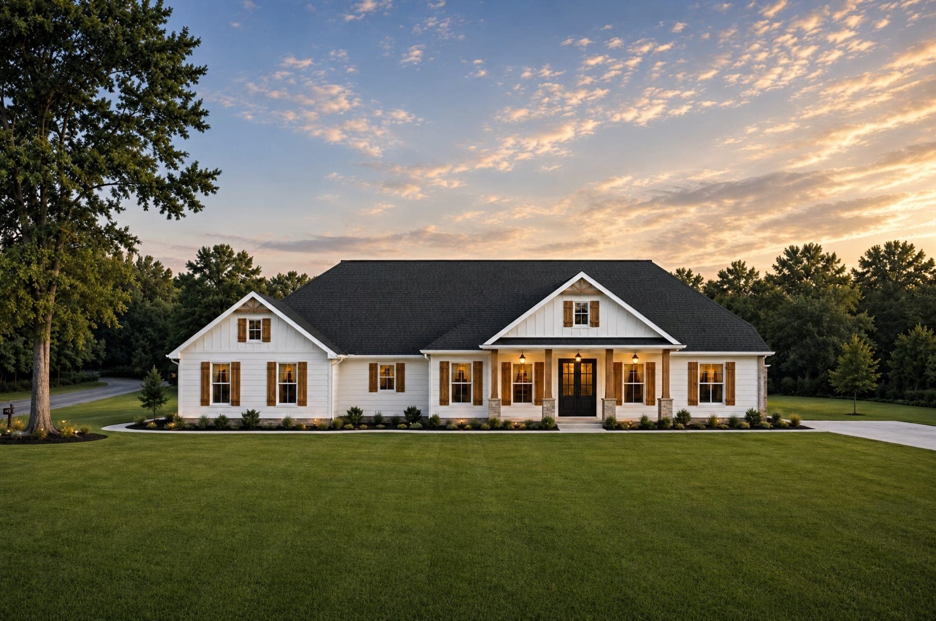 Rendering of 3276 Parkstone Pines Rd at dusk, a white board-and-batten farmhouse with a gabled front porch on a wide lawn, artist's concept