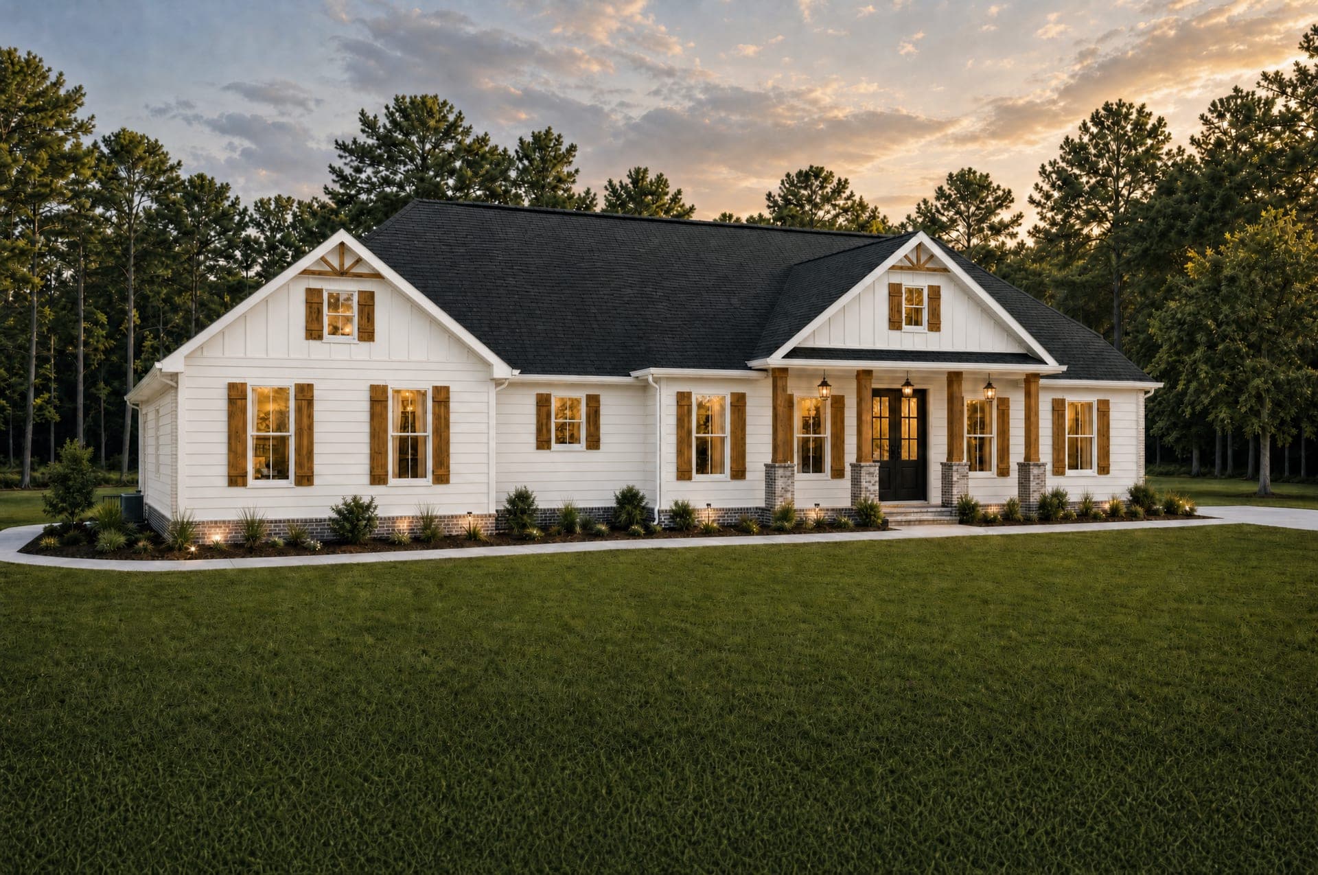 Rendering of the Cambridge, a single-story farmhouse with board-and-batten gables, Hardie lap siding and brick, and a covered front porch.