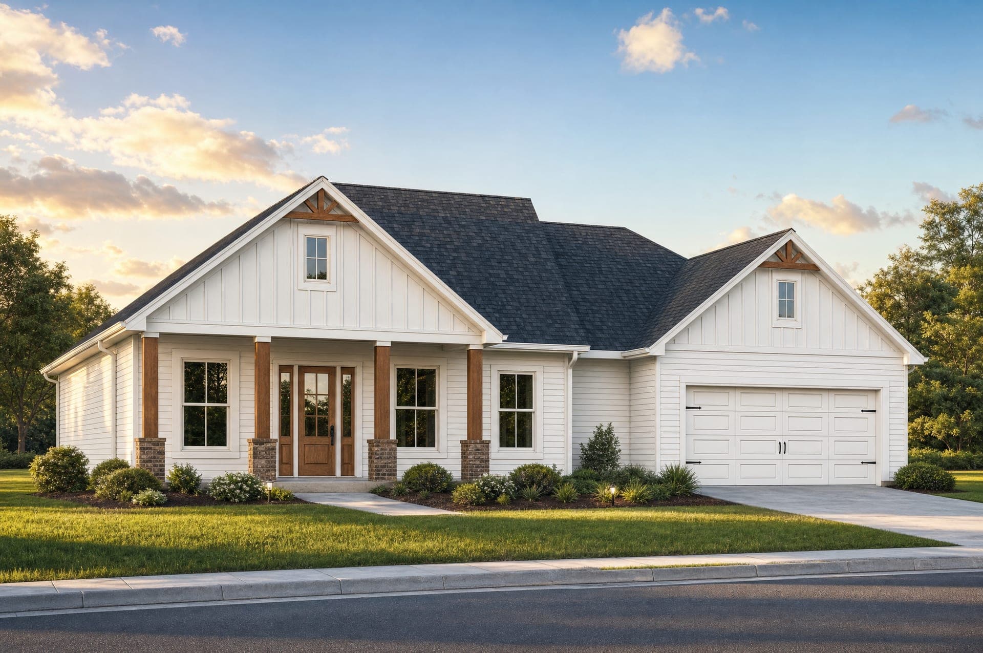 Rendering of the Cameron with white lap siding, white board-and-batten gables and cedar porch columns on brick bases