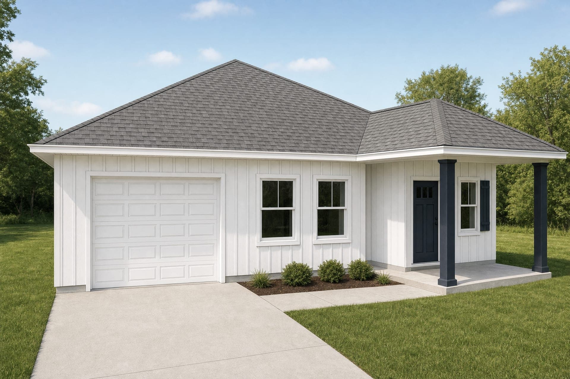 Rendering of the Del Monte with white board-and-batten siding, a hip roof and dark charcoal-navy porch posts and front door