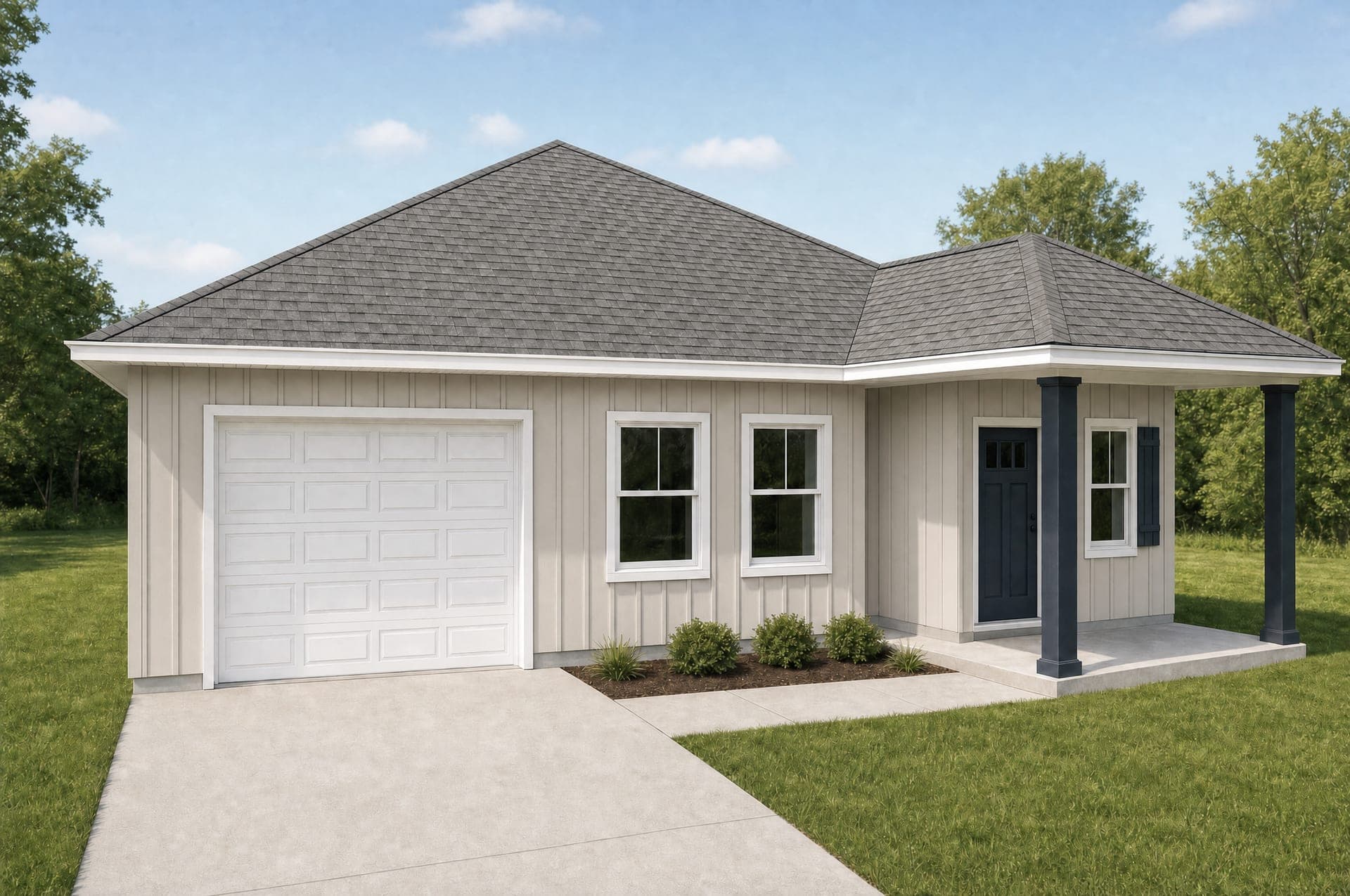 Rendering of the Del Monte with warm greige board-and-batten siding and dark charcoal-navy porch posts