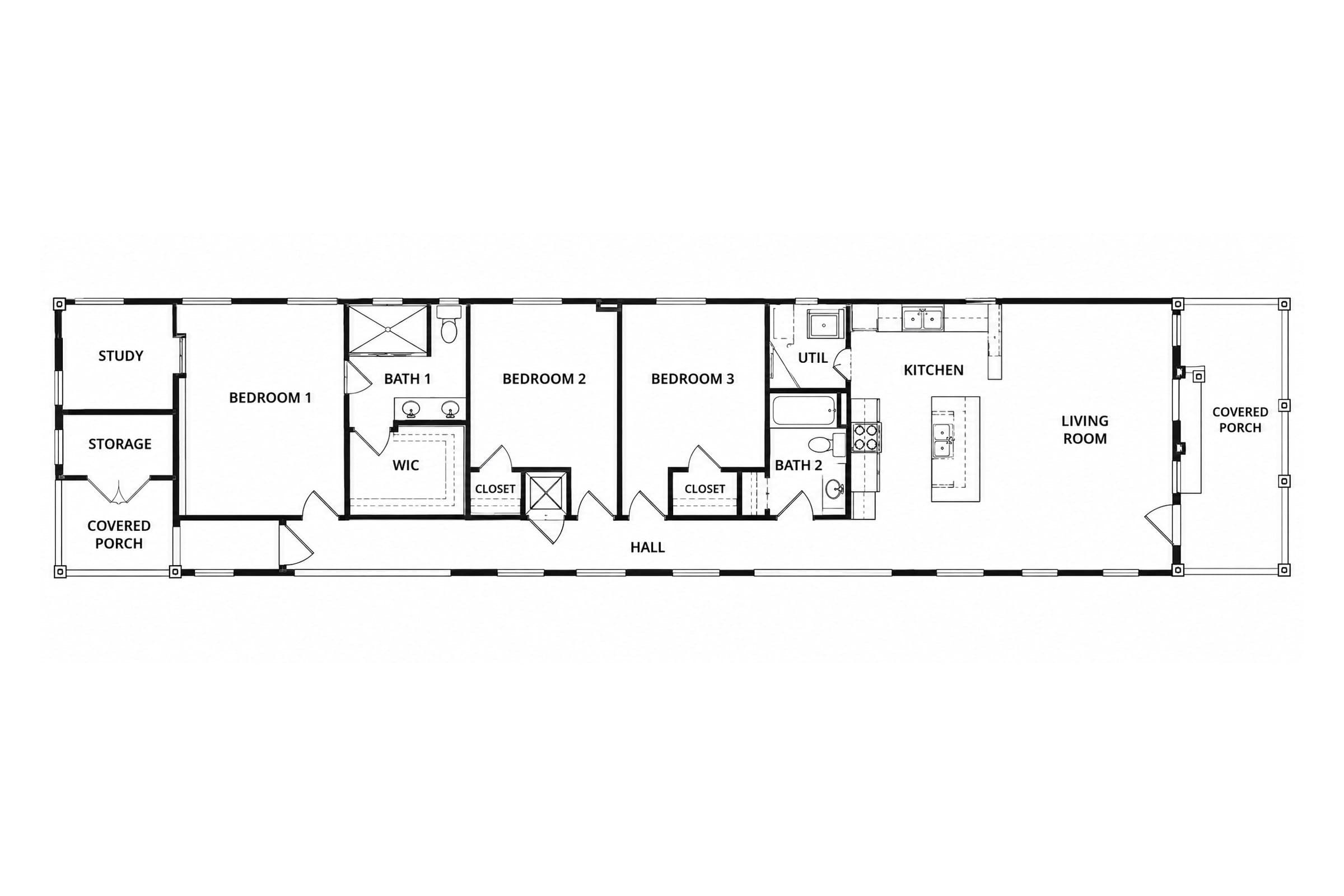 Floor plan of the Gadsden, a long single-story layout: covered front porch, living room and kitchen, three bedrooms and two baths off one hall, and a study, storage room and back porch at the rear