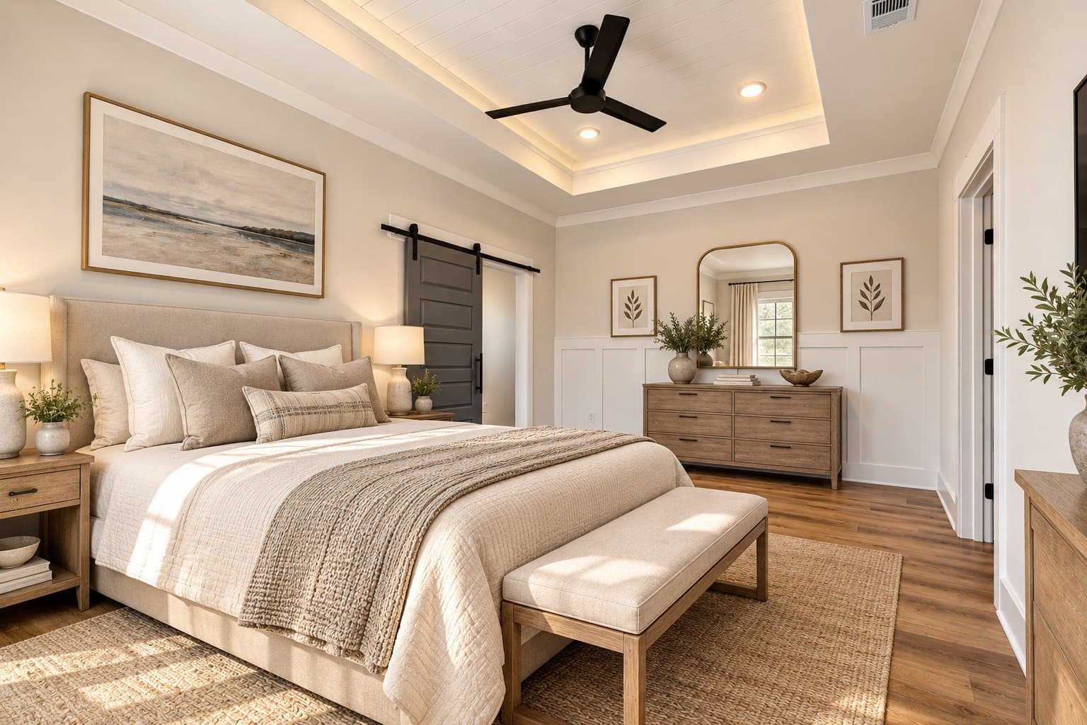 Rendering of the Gadsden primary bedroom under a tray ceiling, with a sliding barn door to the bath