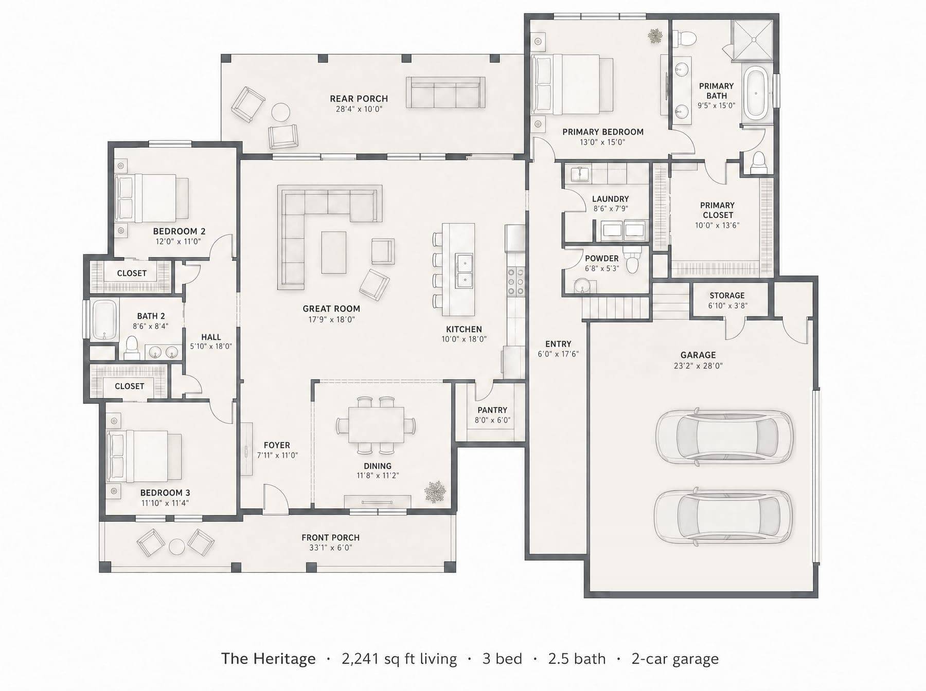 Marketing floor plan of The Heritage, showing the foyer between the dining room and great room, the kitchen and walk-in pantry, three bedrooms and the 2-car garage with its door on the right side