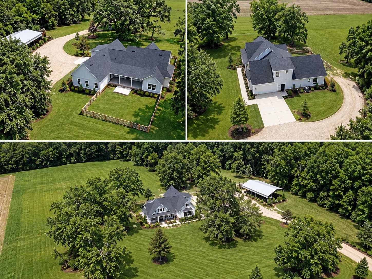 Three aerial views of a finished Heritage on an open acreage lot, showing the fenced back yard, the side-entry garage and the long drive under the oaks