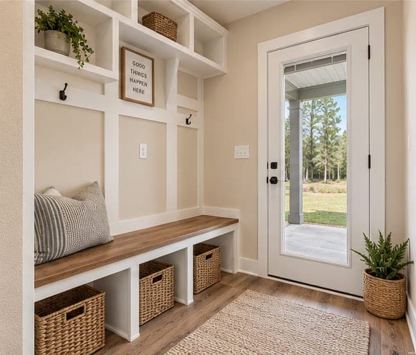 Rendering of The Lunsford mudroom with a built-in bench, cubbies and hooks beside the back door, artist's concept