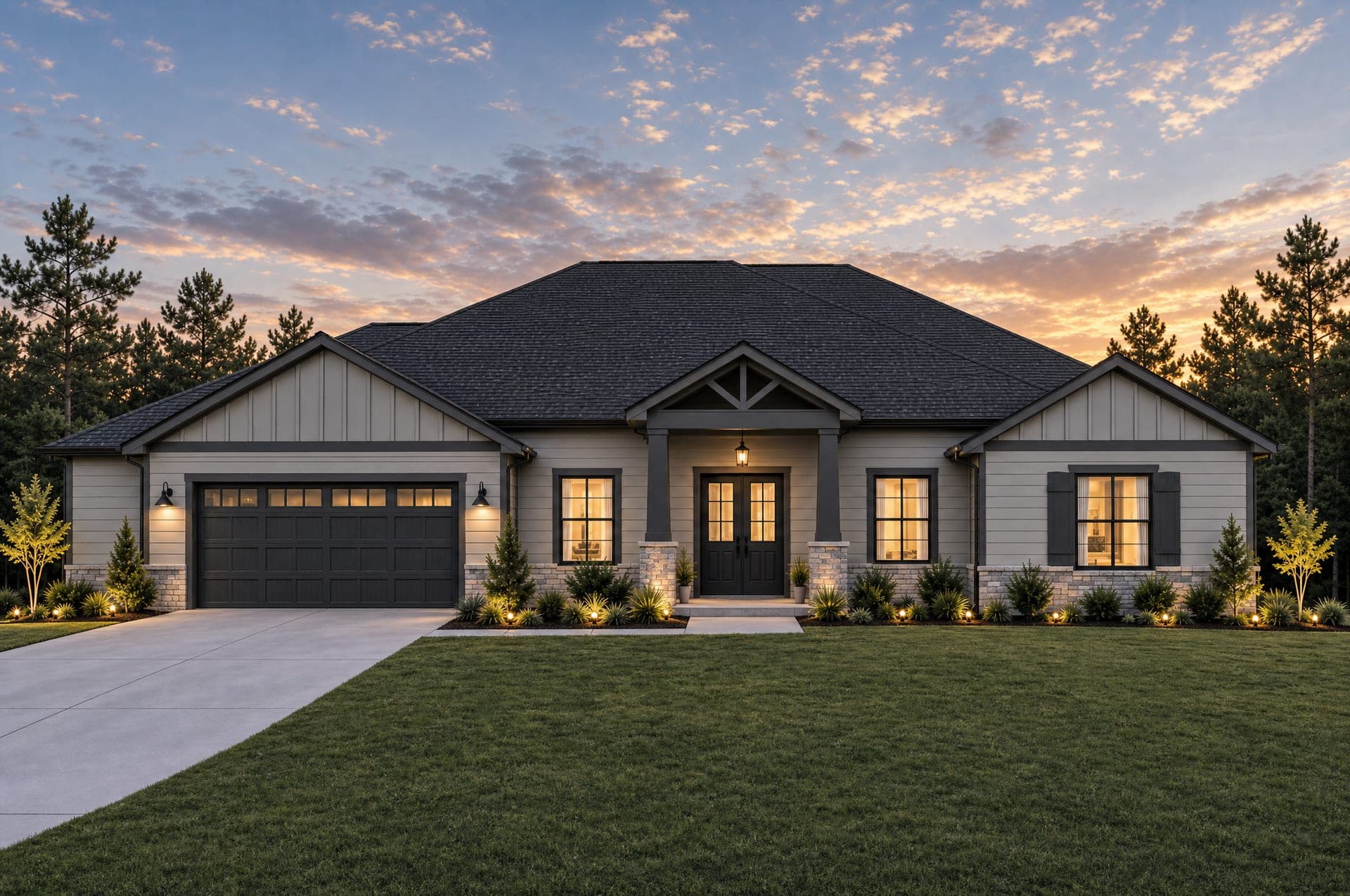 Rendering of the McKenzie, a modern coastal home with board-and-batten gables, a stone water table, and a timber gable bracket over the covered entry.