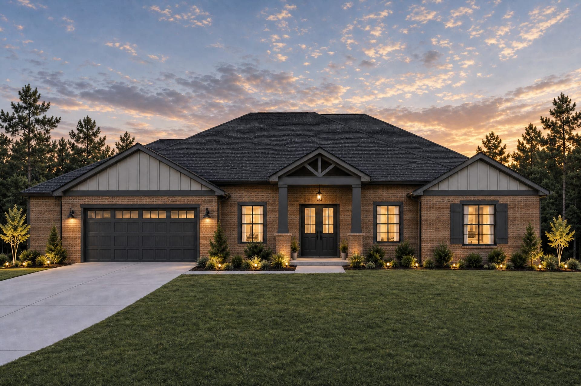 Rendering of the McKenzie with a brick body and Dovetail board-and-batten gables