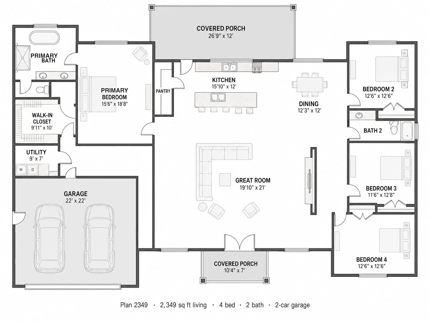 Floor plan diagram of the McKenzie, a 2,349 square foot modern coastal layout with a 490 square foot two-car garage.