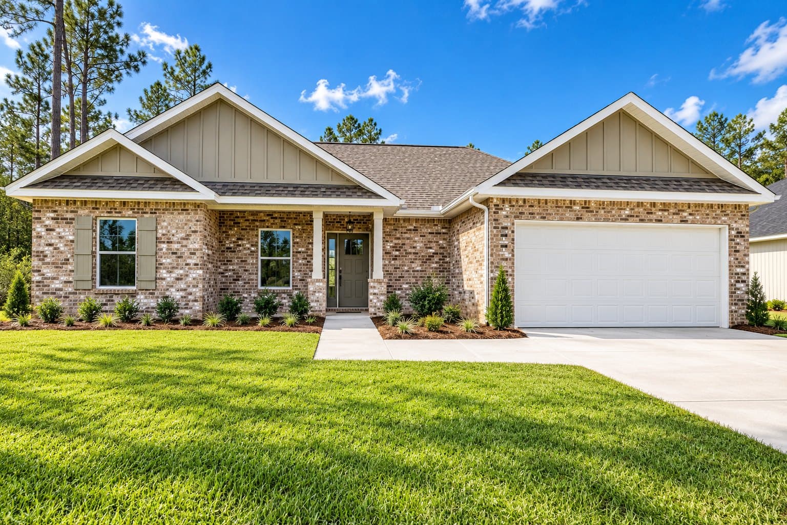 The Tucker, brick with board-and-batten gables, shuttered front windows, a small covered entry and a two-car garage