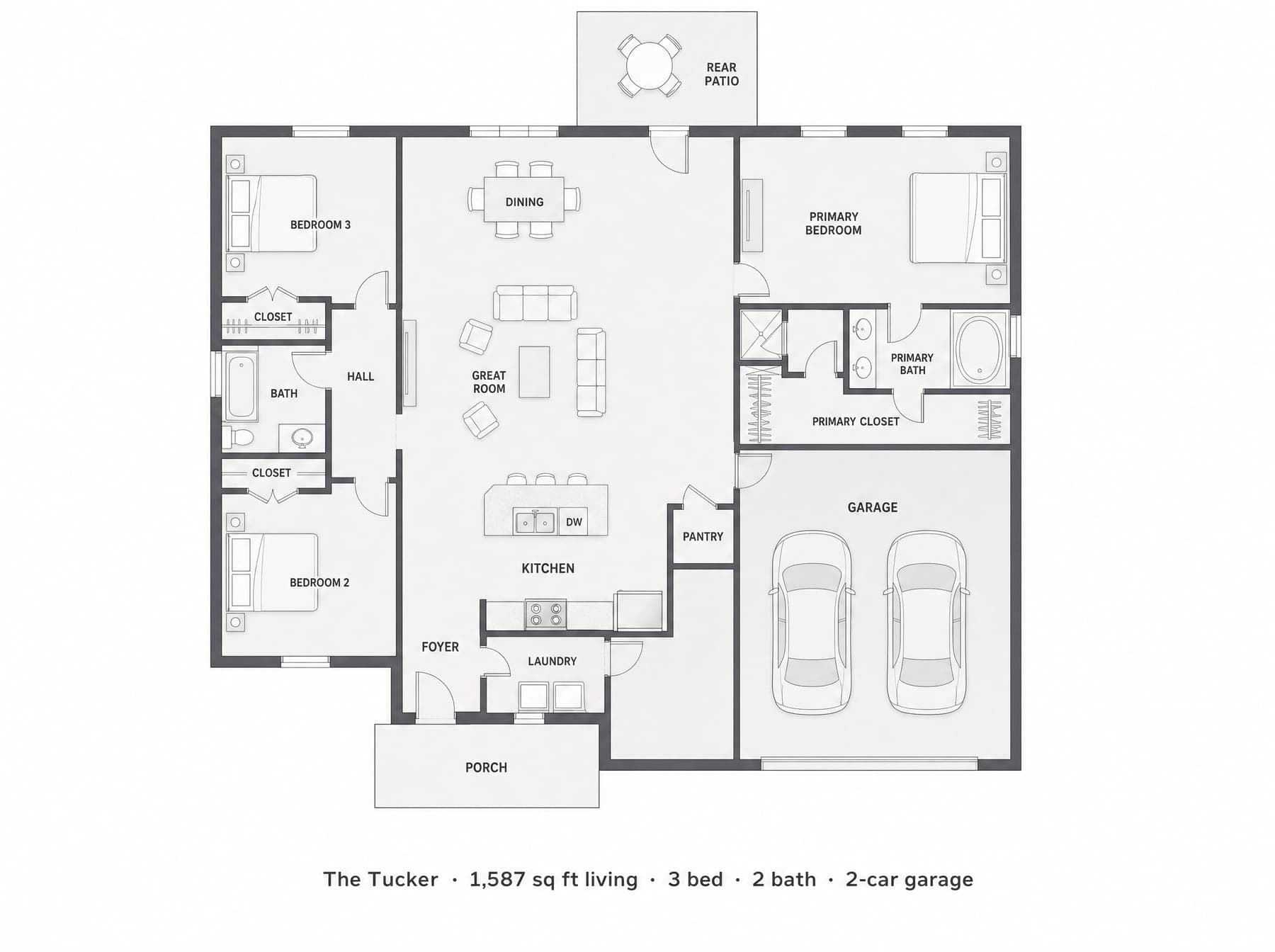 Marketing floor plan of The Tucker, a 1,587 square foot three-bedroom layout with an open great room and kitchen and a primary suite on the far side
