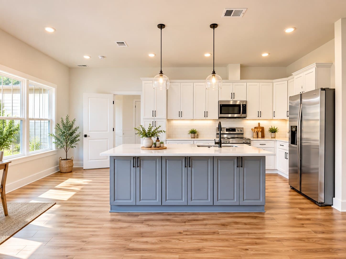 The Tucker kitchen, white cabinets around a blue-gray island with two glass pendants, open to the great room, virtually staged