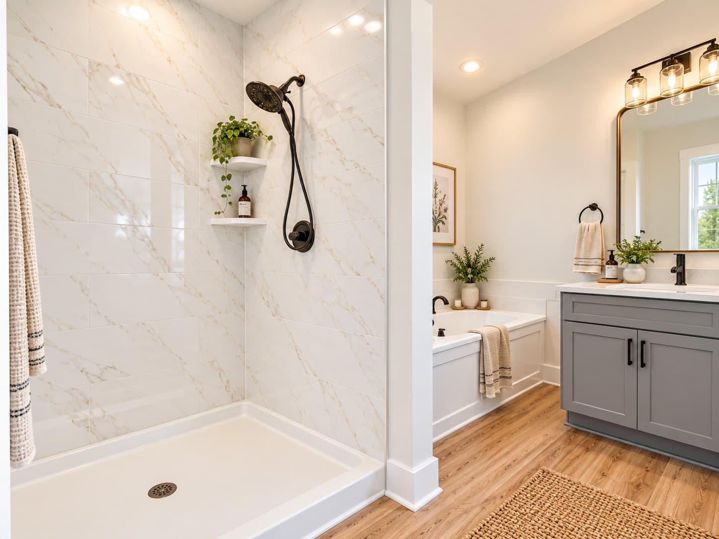 The Tucker primary bath, a walk-in shower beside a soaking tub and a gray double-sink vanity, virtually staged