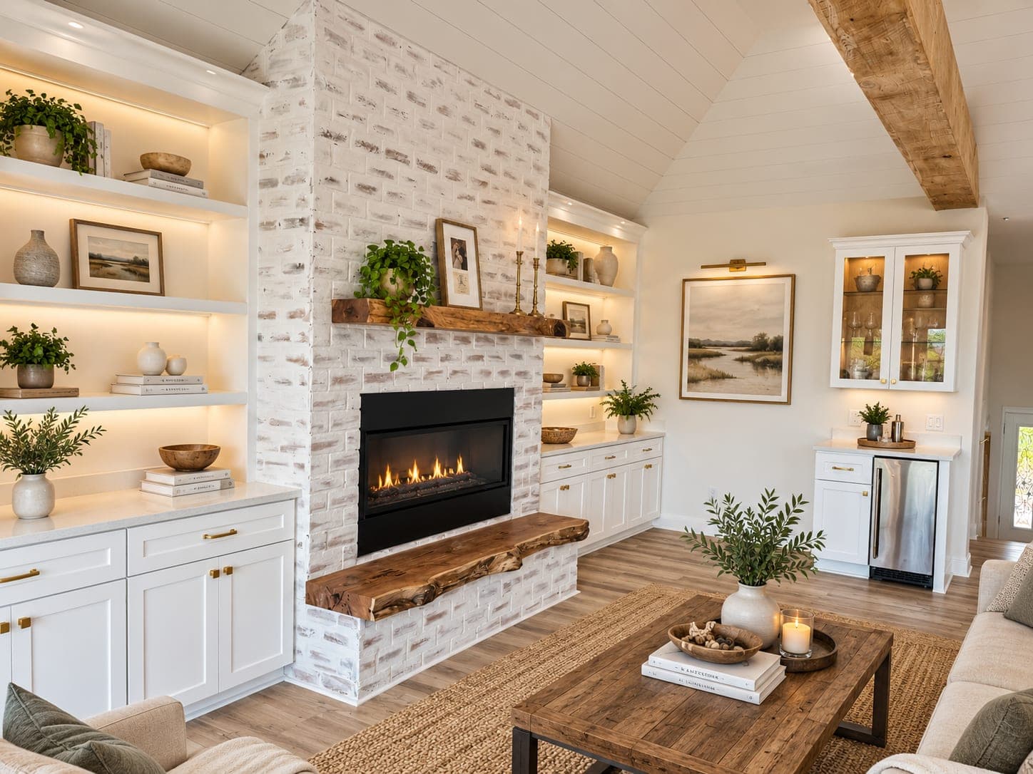 Renovated Gulf Breeze living room with a whitewashed brick fireplace, live-edge mantel, lit white built-ins and an exposed beam under a shiplap ceiling, virtually staged