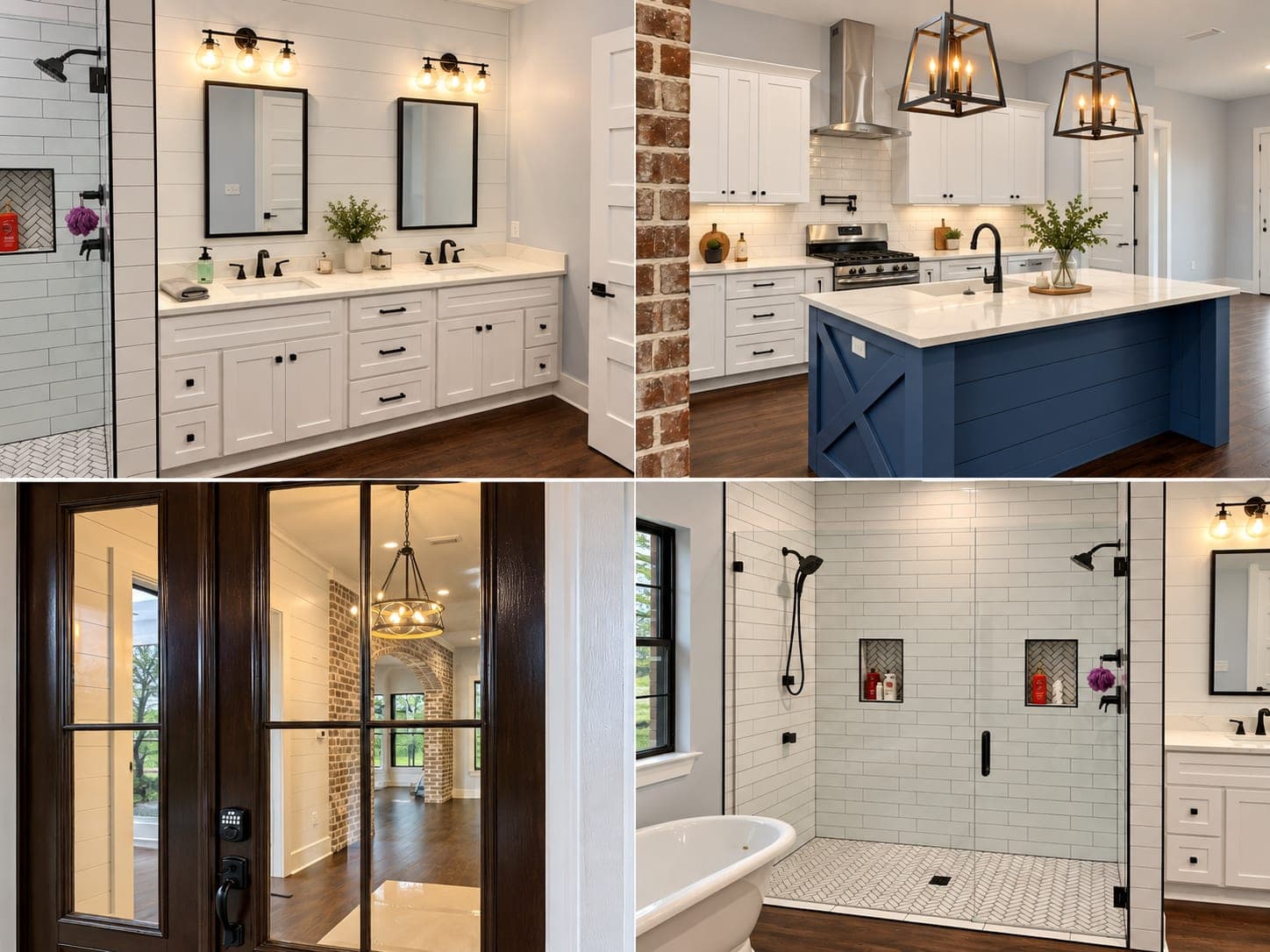 Four views of the Modern Farmhouse: the primary double vanity, the navy kitchen island under iron lanterns, the front door and the shower with a freestanding tub