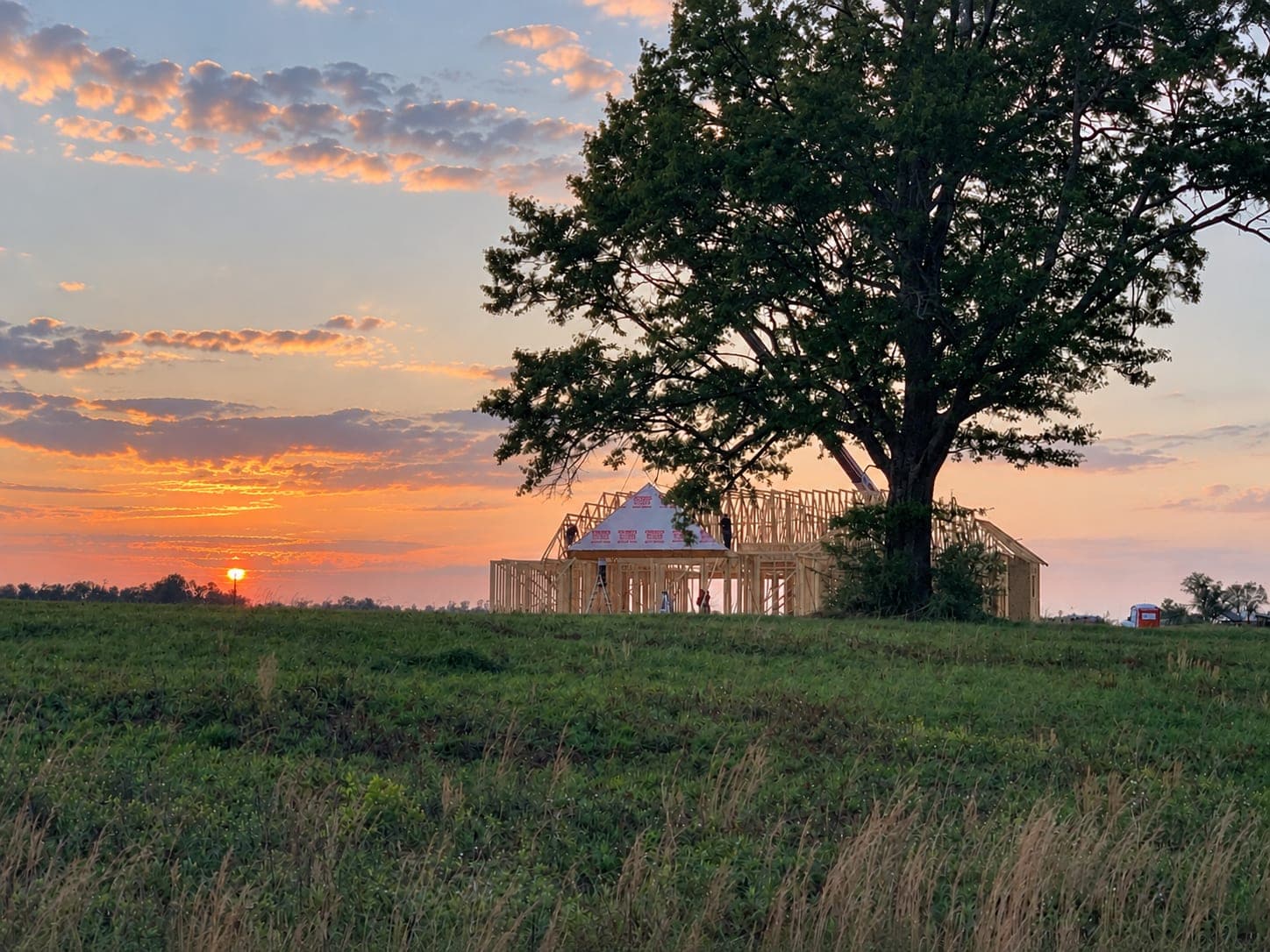 Scott's own home under construction, framed and sheathed, seen from the back pasture under an oak at sunset