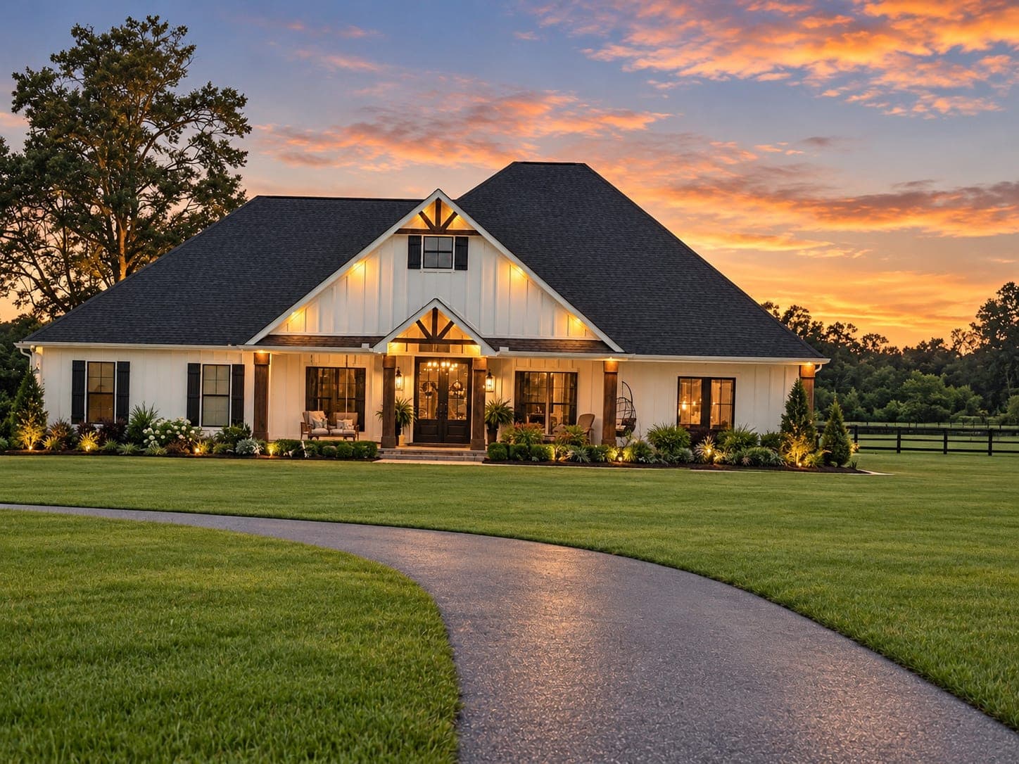 The Modern Farmhouse at dusk, white board-and-batten under a dark hip roof with lit windows and a curved drive