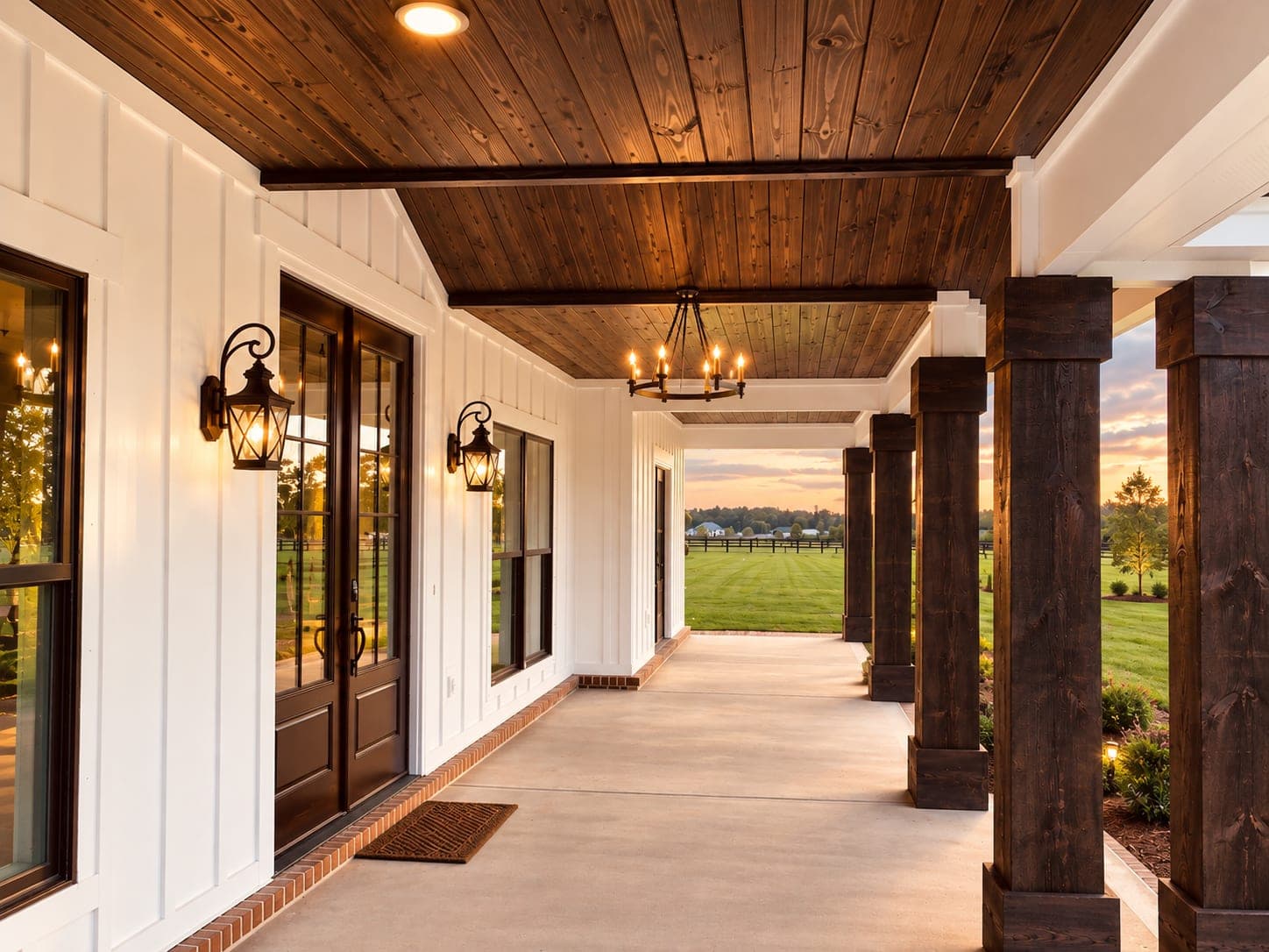 The covered front porch of Scott's own home, with a stained tongue-and-groove ceiling, cedar posts and lanterns at sunset