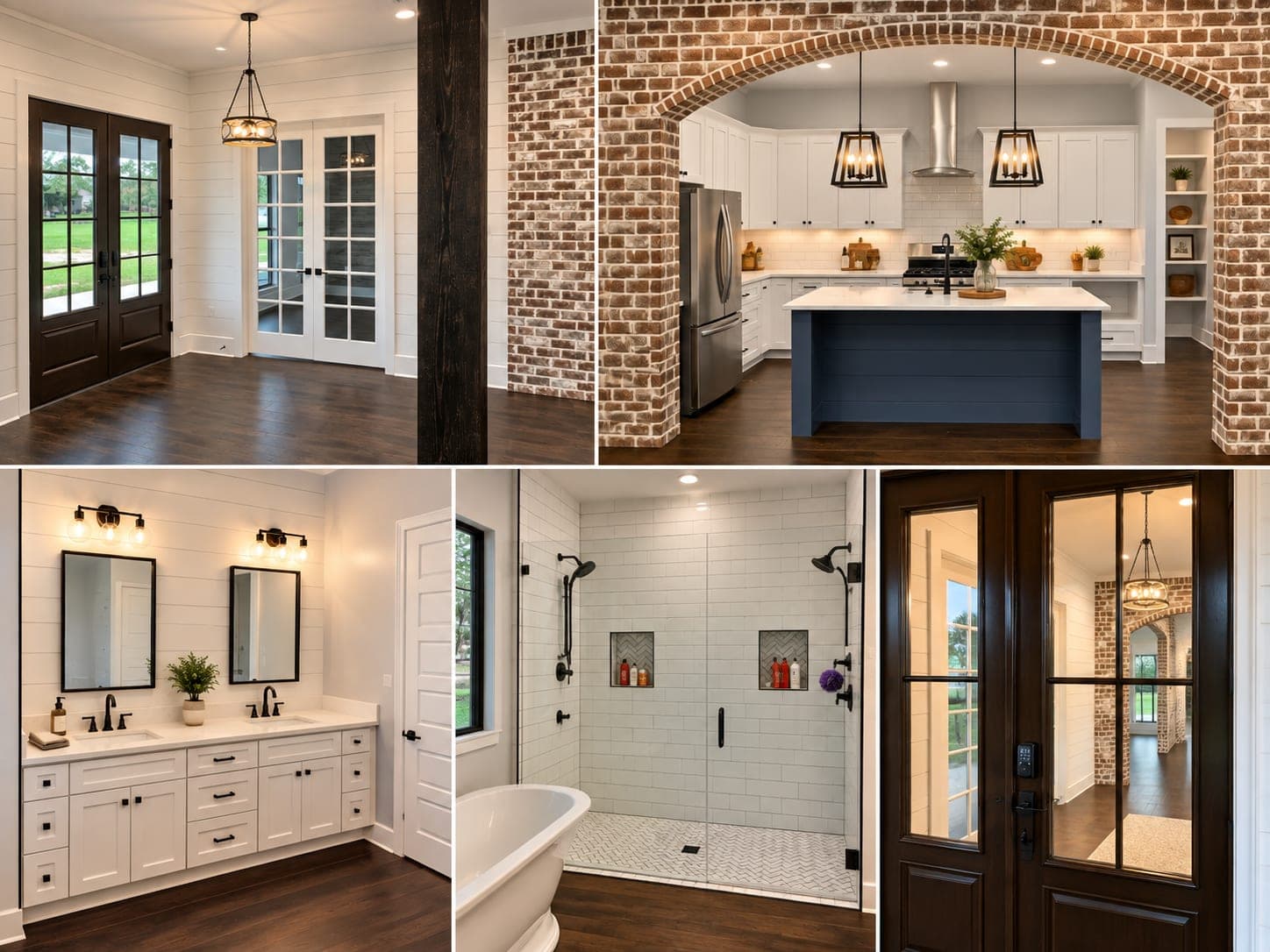 Five views of the Modern Farmhouse: the foyer with glass doors, the kitchen under a brick archway with a navy island, a double vanity, the tiled shower and the front door