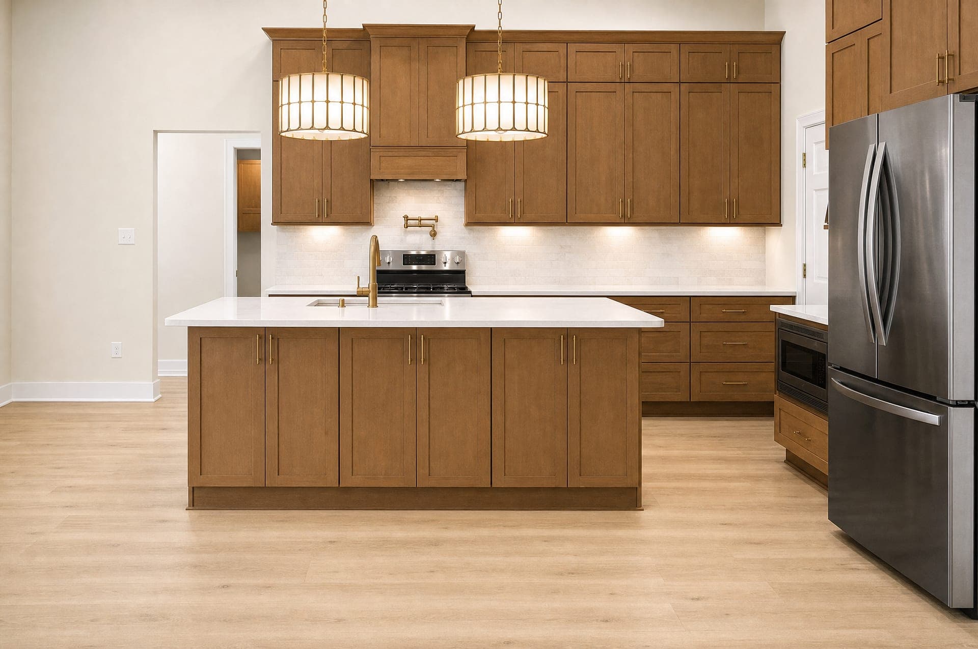 Rendering of the Cambridge kitchen with stained shaker cabinets, a quartz island and champagne bronze fixtures, artist's concept