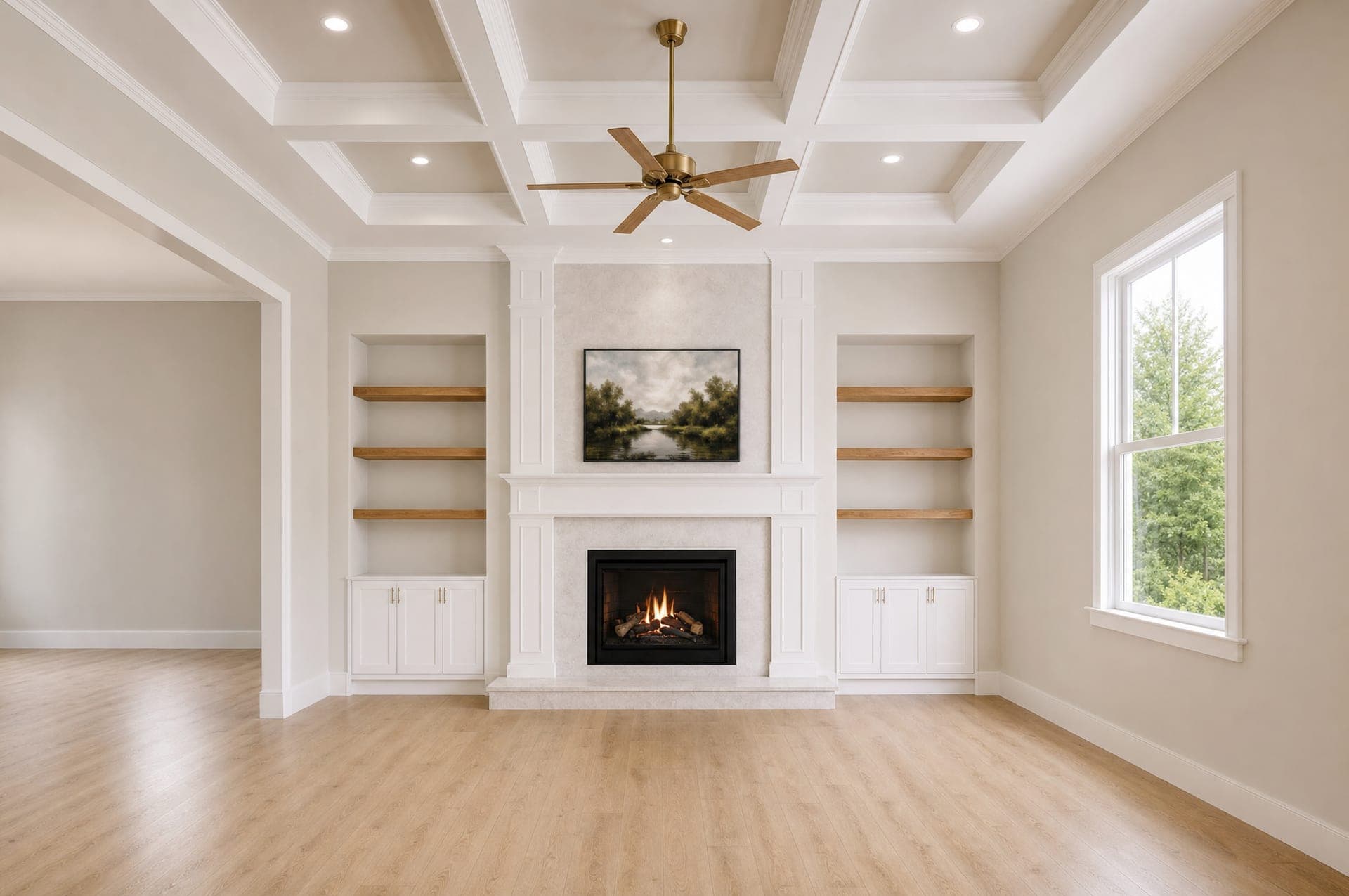 Rendering of the Cambridge living room with a coffered ceiling and a fireplace wall with painted built-ins, artist's concept