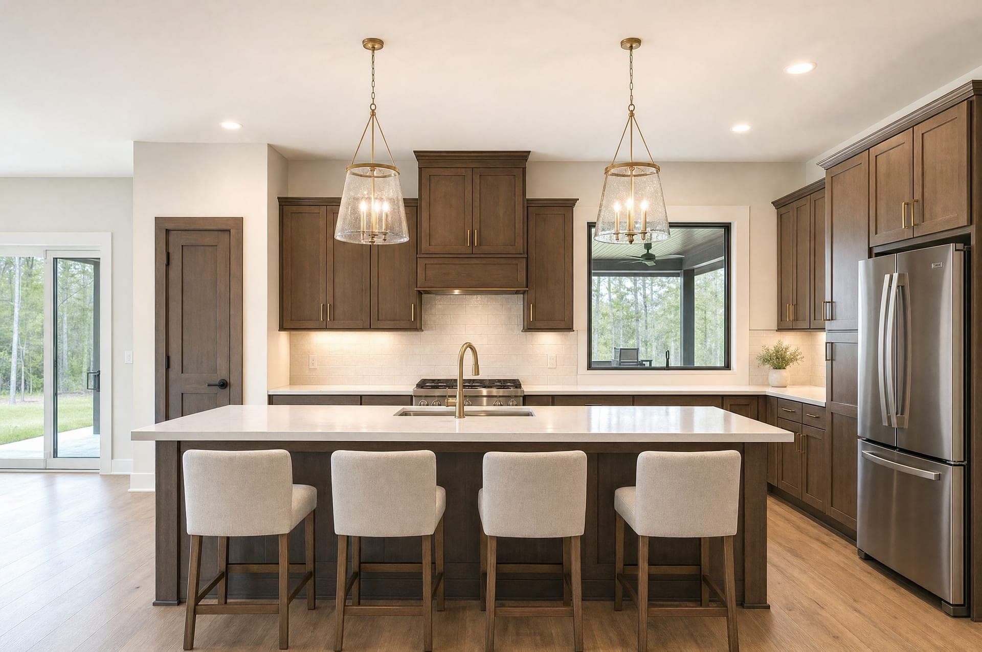 Rendering of the McKenzie kitchen with stained shaker cabinets, a quartz island and champagne bronze fixtures, artist's concept